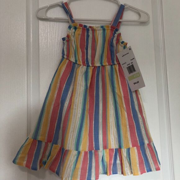 Rare Editions Girls Dress 4T/4 Multicolor Taupe Woven Smocked Striped NWT - Picture 1 of 6
